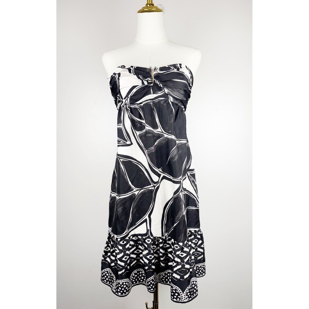 WHBM Womens 6 100% Silk Strapless Dress Black White Palm Leaf Print Vacation